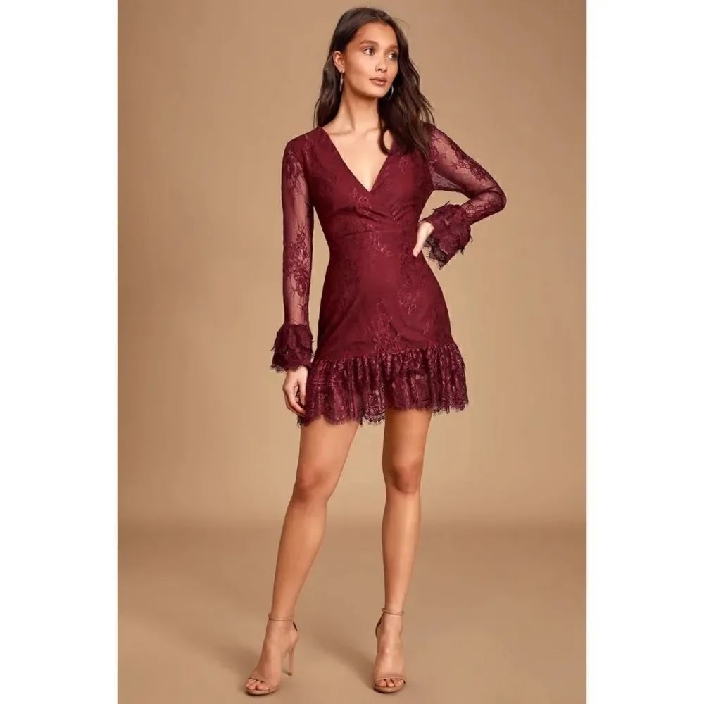 Lulus All Yours Burgundy Lace Long Sleeve Ruffled Mini Dress NWT Size Small.Arm